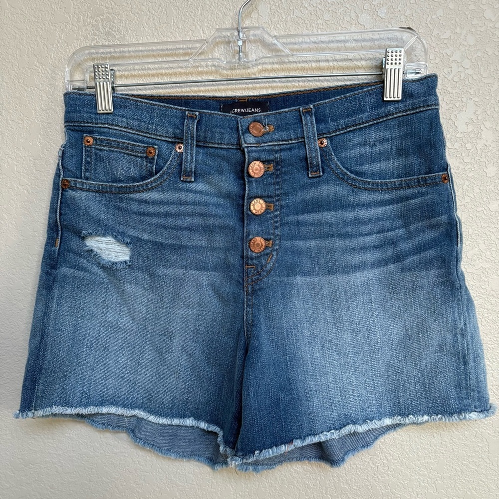 J.Crew Jeans High Rise Denim Shorts Button Fly Raw Hem Distressed Size 26